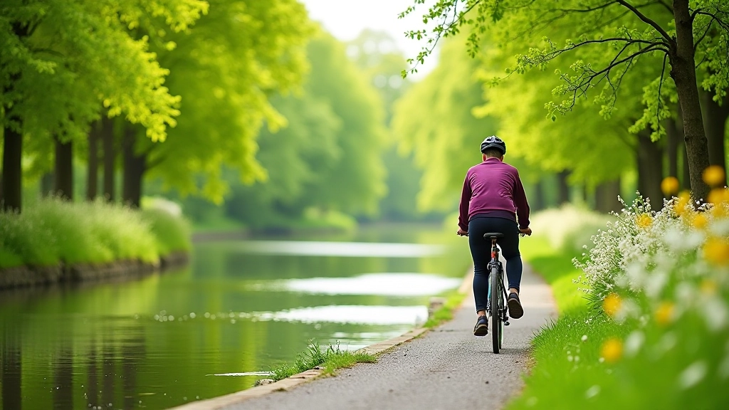 Vibrant spring scene on Royal Canal with blooming wildflowers along towpath, fresh green foliage, and clear blue sky reflecting in water