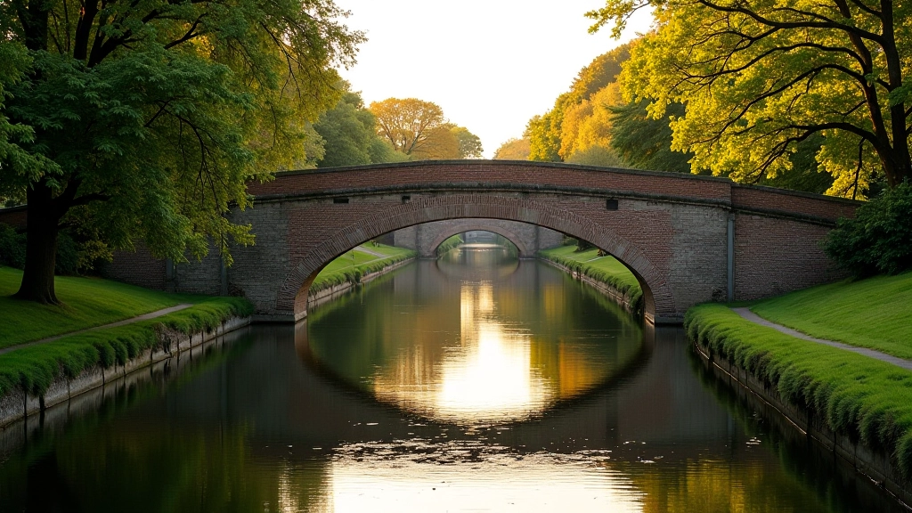 Scenic view of Royal Canal with vintage brick bridges, tree-lined banks, and peaceful water reflections during golden hour lighting