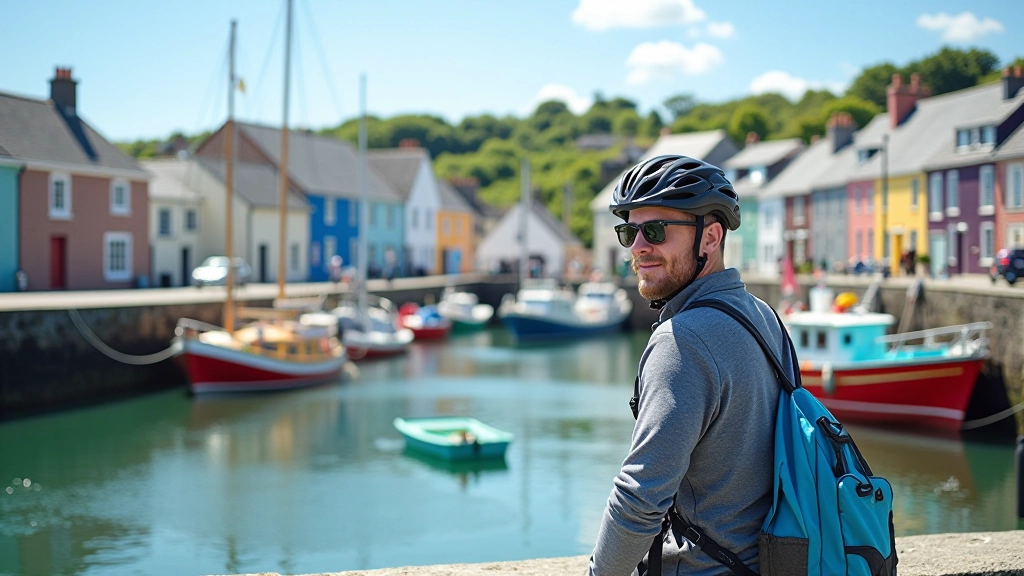 Charming coastal village with harbor and fishing boats, viewed from the cycling path