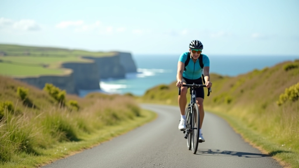 Cyclist on paved greenway with coastal cliffs visible in the distance