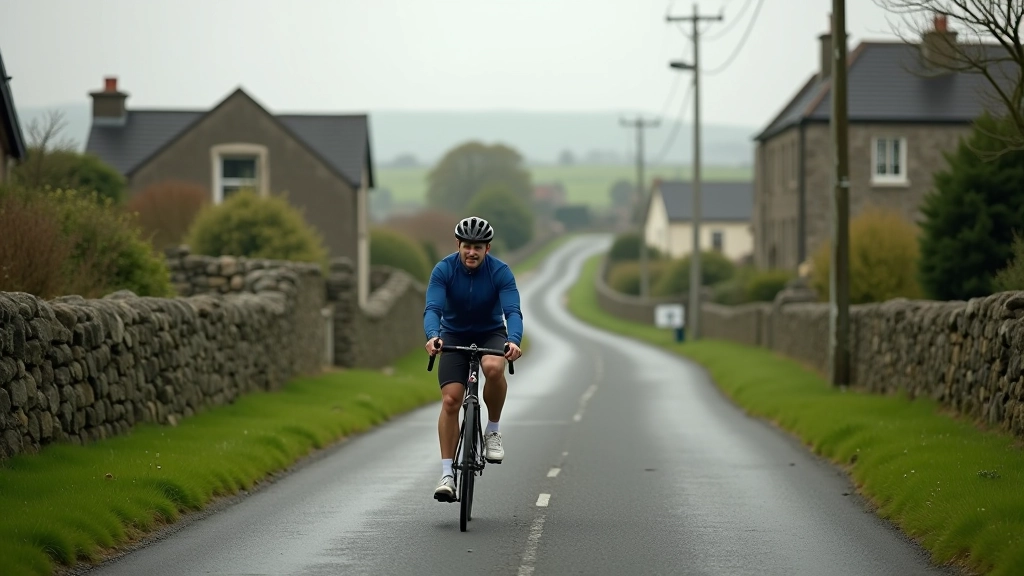 Cyclist riding on quiet country road through rural Irish village landscape
