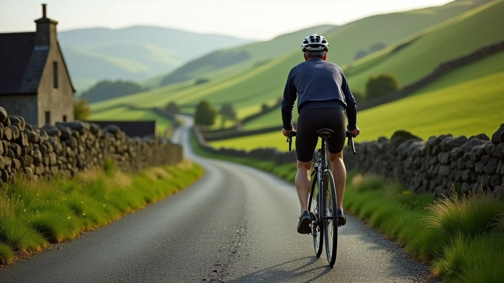 Mountain valley cycling route in West Cork with rolling hills, stone walls, traditional cottages, and a lone cyclist on quiet country road