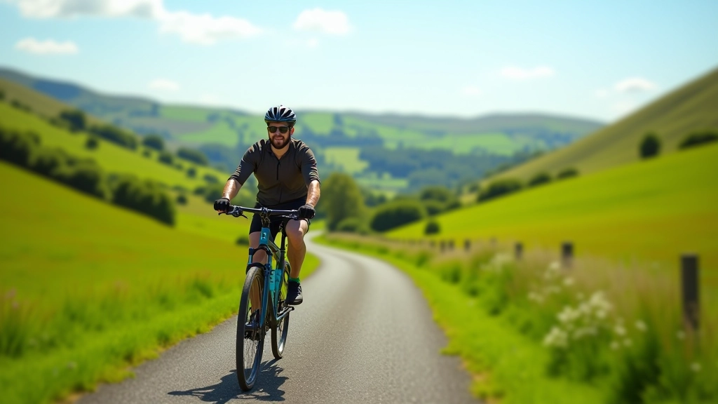 Cyclist riding on scenic Irish greenway with green countryside in background