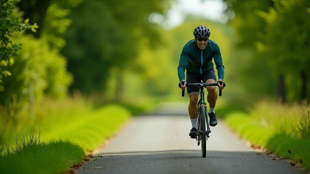 Cyclist riding on paved greenway path through Irish countryside with green fields and trees