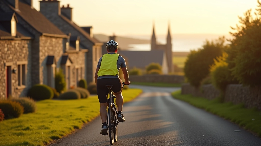 Cyclist navigating a coastal village route with stone buildings, church steeple, and Irish countryside stretching inland