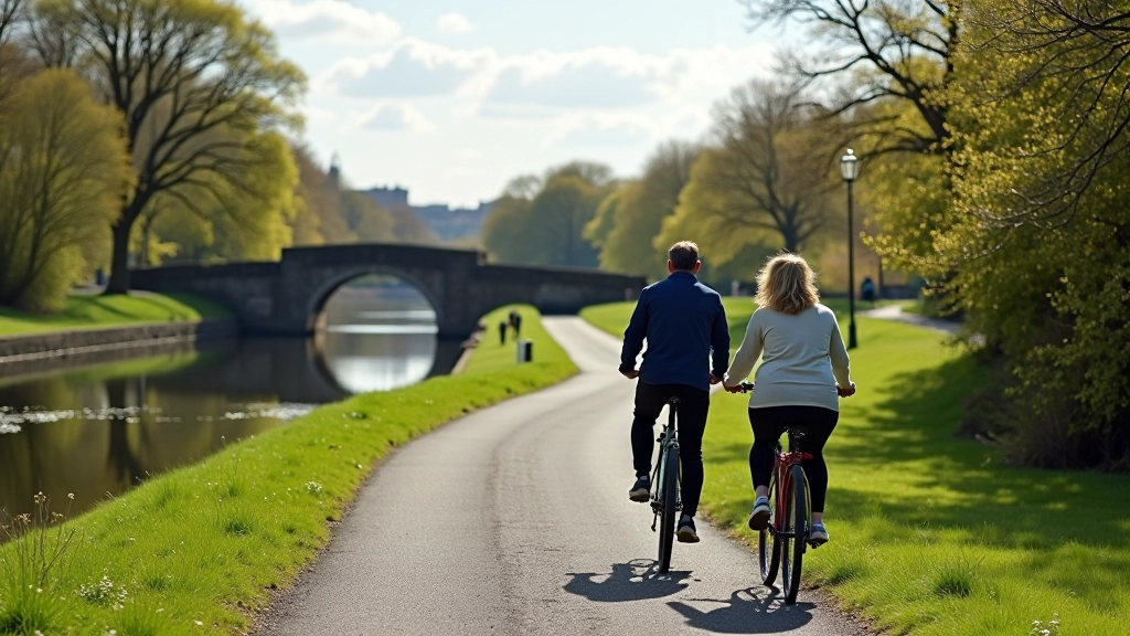 Historic canal path through Dublin urban landscape with bridges and water