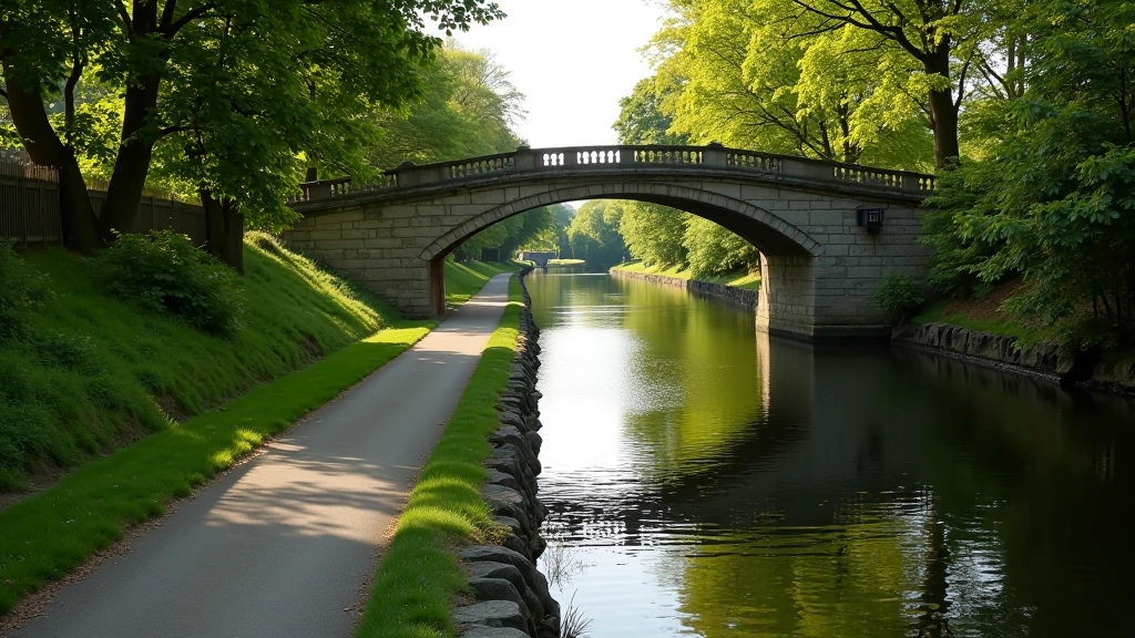 Historic Royal Canal towpath in Dublin with stone bridges, reflective water, and leafy tree canopy creating a peaceful urban cycling environment