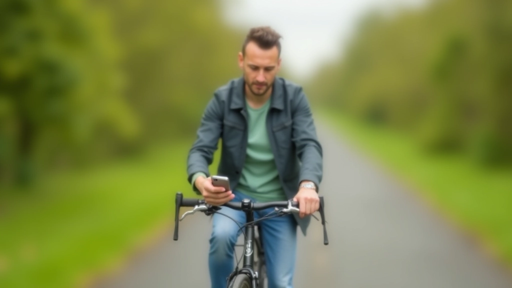 Cyclist checking map on phone, standing with bike on greenway path