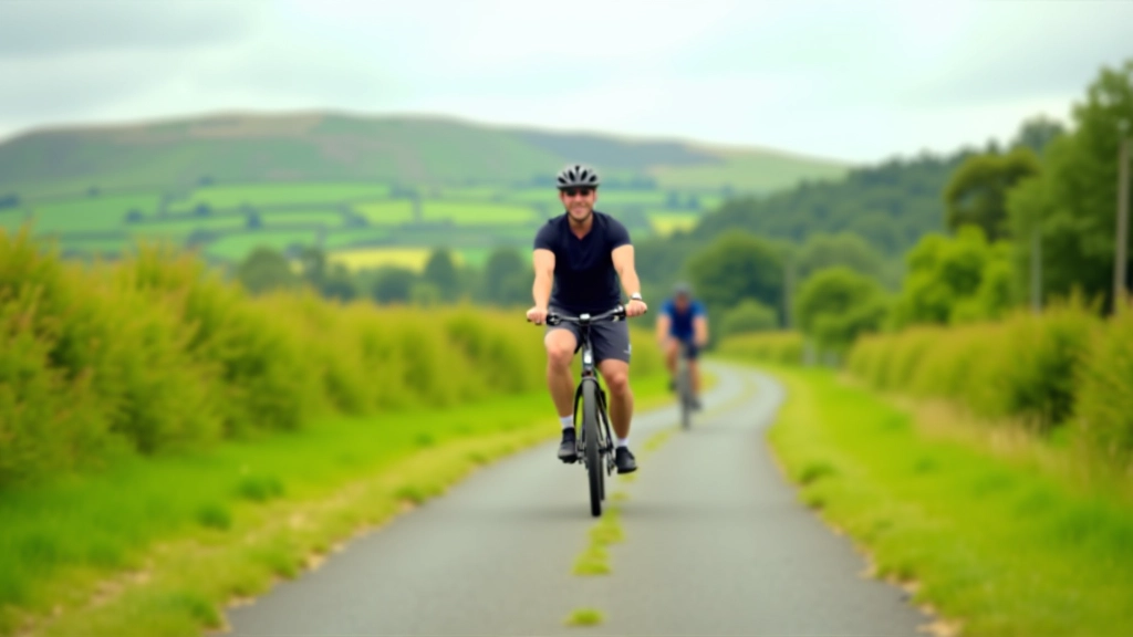 Cyclist riding on scenic Irish greenway with green rolling hills in background