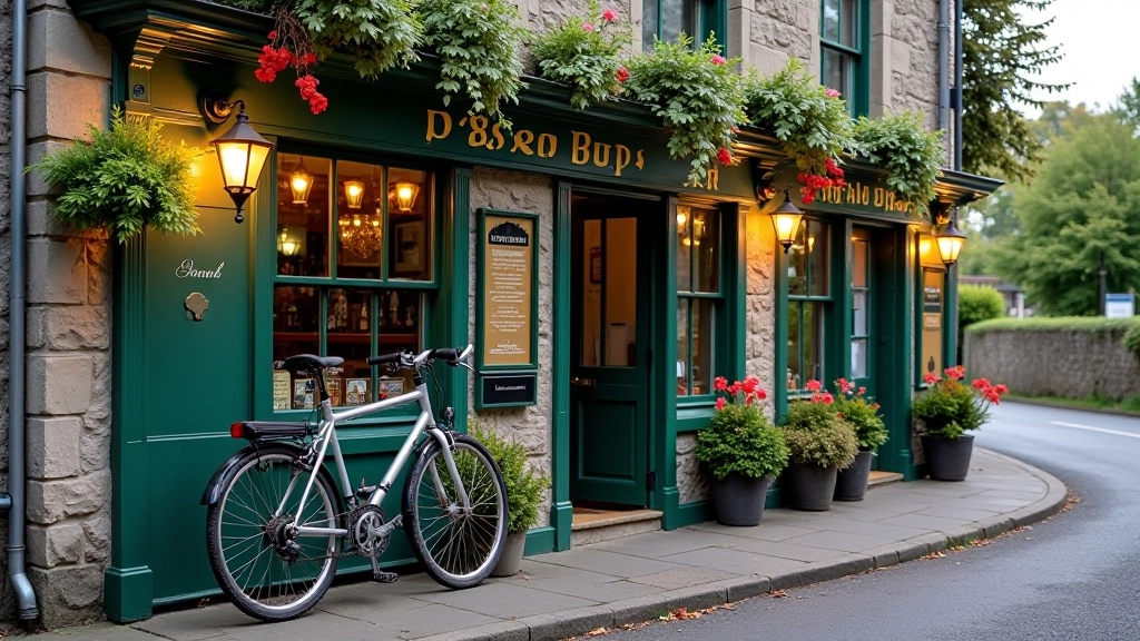 Traditional Irish pub storefront in a quiet village with a bicycle leaning against the wall and locals visible through the window
