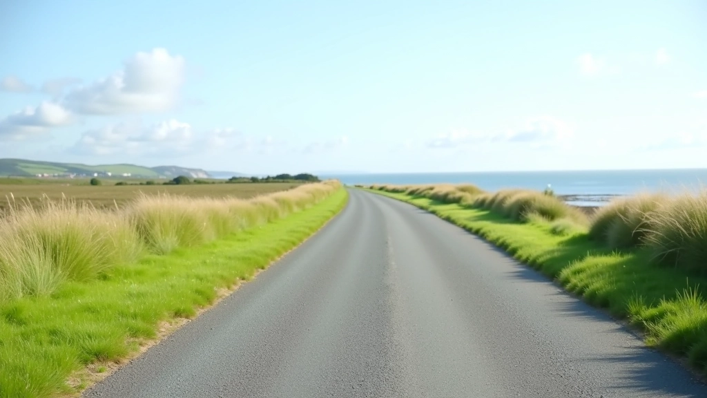 Wide greenway path with grassy verges, calm weather, coastal landscape ahead
