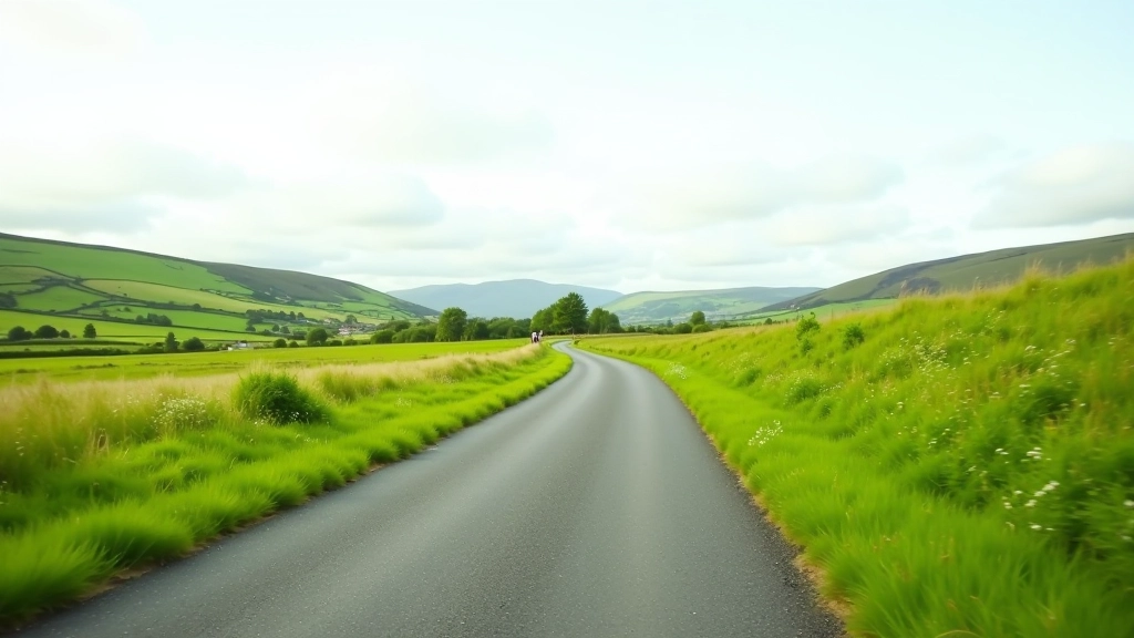 Scenic Irish greenway cycling path with rolling hills and countryside